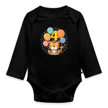 4th Birthday Tiger Children's Birthday Party - Organic Longsleeve Baby Bodysuit - black - Front