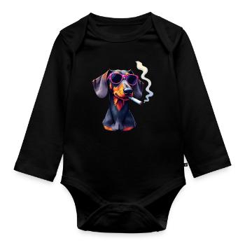 Dachshund with sunglasses animal motif smoking - Organic Longsleeve Baby Bodysuit - black - Front
