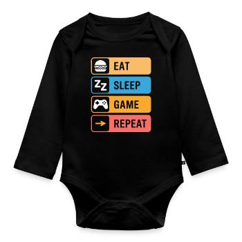 Manger, dormir, jouer, répéter – le dicton du joueur - Body Bébé bio manches longues - noir - Devant