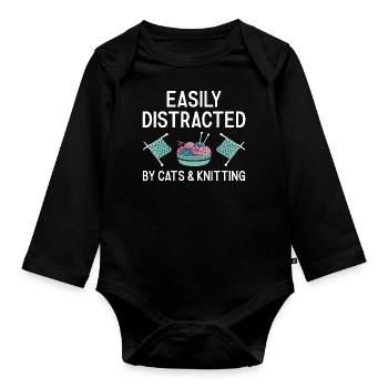 Knitter Easily Distracted By Cats And Knitting - Organic Longsleeve Baby Bodysuit - black - Front