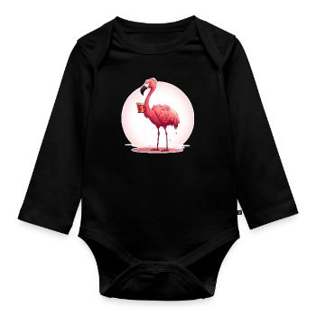 Flamingo trinkt Kaffee - Baby Bio-Langarm-Body - Schwarz - Vorne