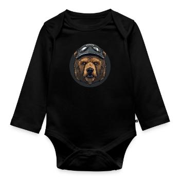 Bear with helmet bear portrait - Organic Longsleeve Baby Bodysuit - black - Front