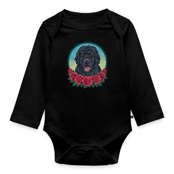 Mignon dessin animé Terre-Neuve chien avec des roses - Body Bébé bio manches longues - noir - Devant