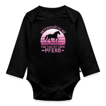 Unterschätze Nie Eine Frau Mit Einem Pferd Reiter - Baby Bio-Langarm-Body - Schwarz - Vorne