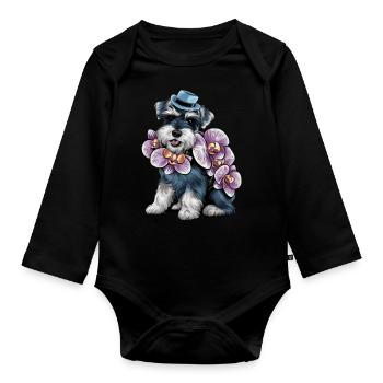 Cartoon Zwergschnauzer mit wundervollen Orchideen - Baby Bio-Langarm-Body - Schwarz - Vorne