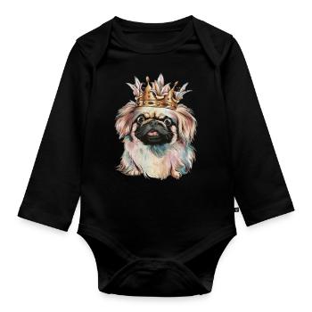 Niedlicher Pekinese mit Krone und Lillien - Baby Bio-Langarm-Body - Schwarz - Vorne