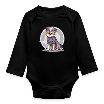 Australian Shepherd Dog with Floral Motif - Organic Longsleeve Baby Bodysuit - black - Front