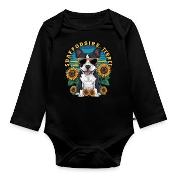 Staffordshire Bull Terrier mit Sonnenblumen - Baby Bio-Langarm-Body - Schwarz - Vorne