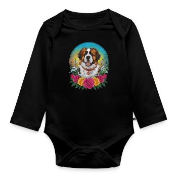 St. Bernard cartoon dog with roses and lilies - Organic Longsleeve Baby Bodysuit - black - Front