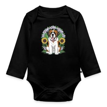 Bernhardiner mit Sonnenblumen - Baby Bio-Langarm-Body - Schwarz - Vorne