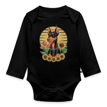 Doberman Pinscher mit Sonnenblumen und Tulpen - Baby Bio-Langarm-Body - Schwarz - Vorne