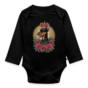 Doberman Pinscher with crown and great roses - Organic Longsleeve Baby Bodysuit - black - Front