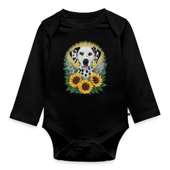 Süßer Dalmatiner mit Sonnenblumen und Flieder - Baby Bio-Langarm-Body - Schwarz - Vorne