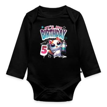 5th Birthday Cat Graffiti - Organic Longsleeve Baby Bodysuit - black - Front