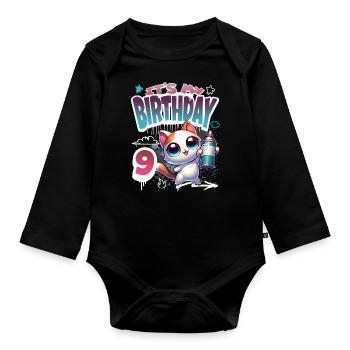 9th Birthday Cat Graffiti - Organic Longsleeve Baby Bodysuit - black - Front