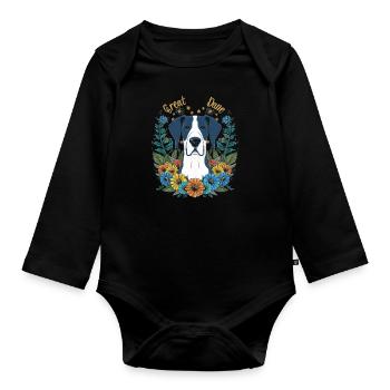 Great Dane with pretty flowers - Organic Longsleeve Baby Bodysuit - black - Front