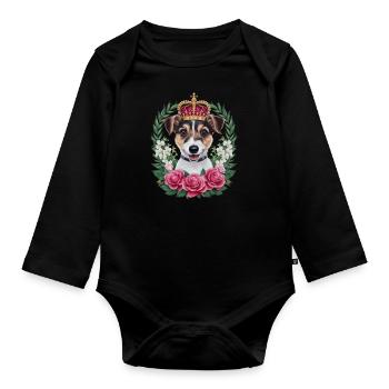 Jack Russel Terrier mit Krone und Rosen - Baby Bio-Langarm-Body - Schwarz - Vorne