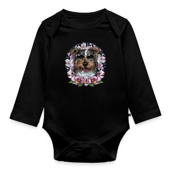 Norfolk Terrier mit Sonnenbrille und Orchideen - Baby Bio-Langarm-Body - Schwarz - Vorne