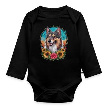 Chien d’élan norvégien avec roses, papillons - Body Bébé bio manches longues - noir - Devant
