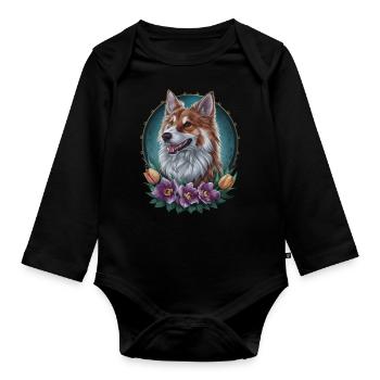 Norwegian Elkhound with Tulips and Flowers - Organic Longsleeve Baby Bodysuit - black - Front