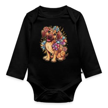 Rhodesian Ridgeback et belles fleurs - Body Bébé bio manches longues - noir - Devant