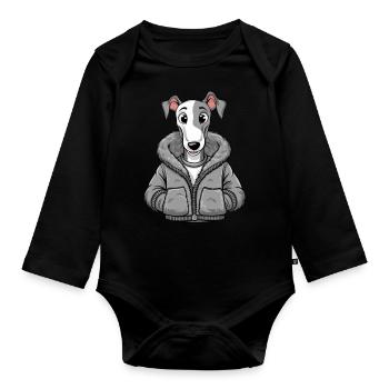 Funny greyhound in cartoon design - Organic Longsleeve Baby Bodysuit - black - Front