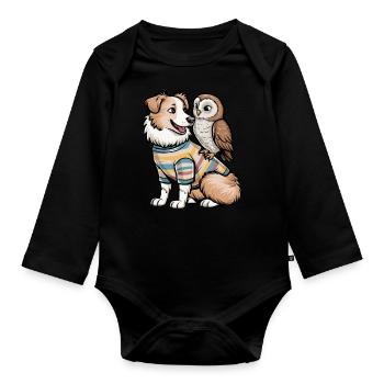 Niedlicher Australischer Schäferhund mit Eule - Baby Bio-Langarm-Body - Schwarz - Vorne