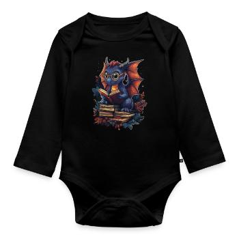Dragon violet avec des lunettes fantaisie pour les amateurs de livres - Body Bébé bio manches longues - noir - Devant