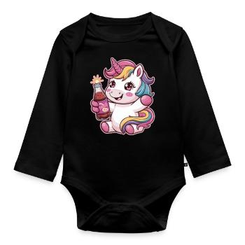 Kawaii Einhorn mit Limonadenflasche - Baby Bio-Langarm-Body - Schwarz - Vorne