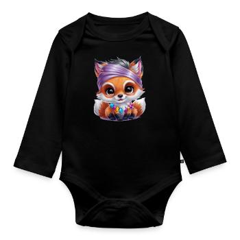 Kawaii Fuchs im Cartoon Stil mit bunten Steinen - Baby Bio-Langarm-Body - Schwarz - Vorne