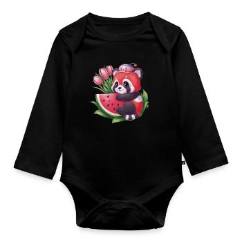 Roter Kawaii Panda mit Melonen und Tulpen - Baby Bio-Langarm-Body - Schwarz - Vorne