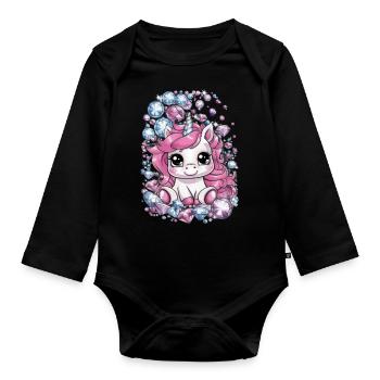 Süßes Kawaii Einhorn mit brillianten Farben - Baby Bio-Langarm-Body - Schwarz - Vorne