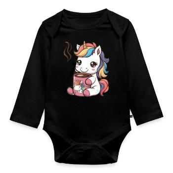 Kawaii unicorn drinking cocoa - Organic Longsleeve Baby Bodysuit - black - Front