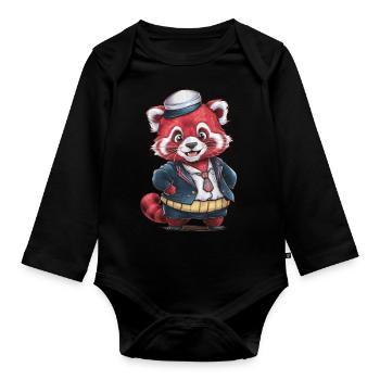 Red Kawaii Panda Wearing School Uniform - Organic Longsleeve Baby Bodysuit - black - Front