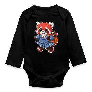 Red Kawaii Panda Wearing School Uniform - Organic Longsleeve Baby Bodysuit - black - Front