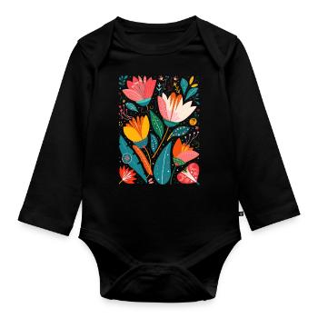 Otomi Floral Pattern Cultural Art - Organic Longsleeve Baby Bodysuit - black - Front