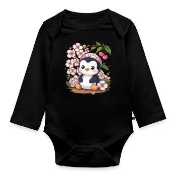Dessin animé Kawaii Pingouin aux cerises - Body Bébé bio manches longues - noir - Devant