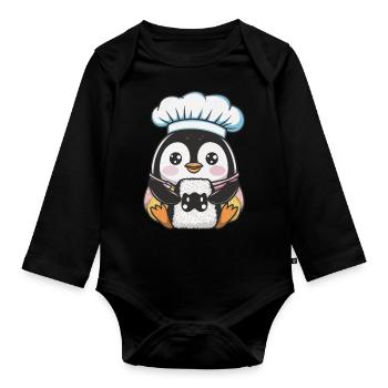 Kawaii Pinguin mit Onigiri Reisball - Baby Bio-Langarm-Body - Schwarz - Vorne