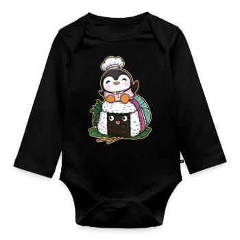 Kawaii Pinguin mit Onigiri Reisball - Baby Bio-Langarm-Body - Schwarz - Vorne