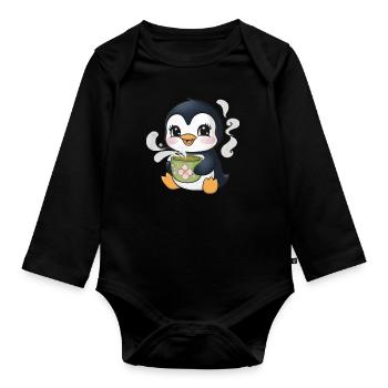 Cartoon Kawaii Pinguin mit grünem Tee - Baby Bio-Langarm-Body - Schwarz - Vorne