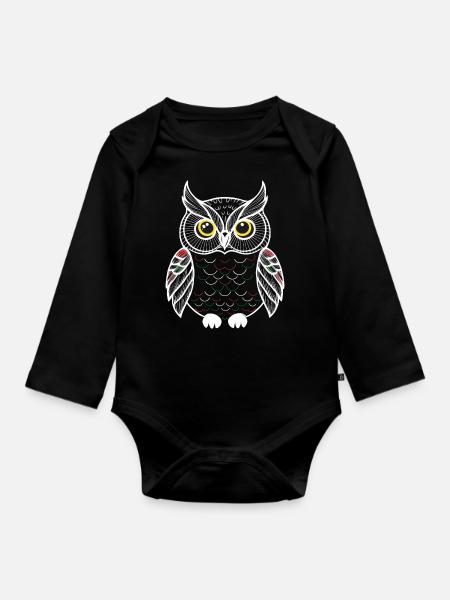 bunte Eule - Baby Bio-Langarm-Body - Schwarz