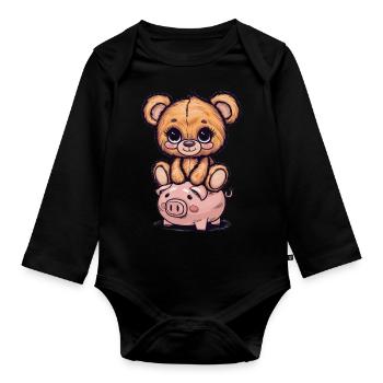 Mignon ours en peluche kawaii avec tirelire - Body Bébé bio manches longues - noir - Devant