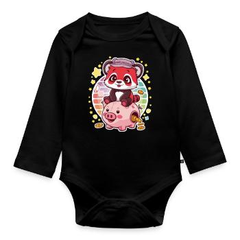 Panda Kawaii Rouge avec Tirelire - Body Bébé bio manches longues - noir - Devant