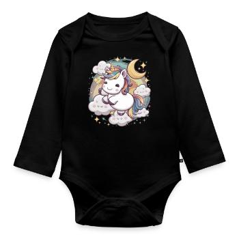 Kawaii Einhorn mit Wolken, Mond und Sternen - Baby Bio-Langarm-Body - Schwarz - Vorne