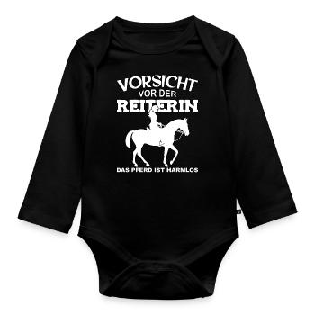 Vorsicht vor der Reiterin, das Pferd ist harmlos - Baby Bio-Langarm-Body - Schwarz - Vorne