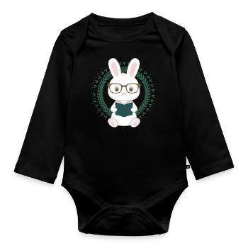 Lapin kawaii câlin avec lunettes et livre - Body Bébé bio manches longues - noir - Devant