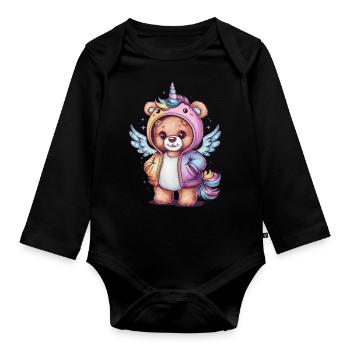 Ours en peluche licorne au look kawaii - Body Bébé bio manches longues - noir - Devant