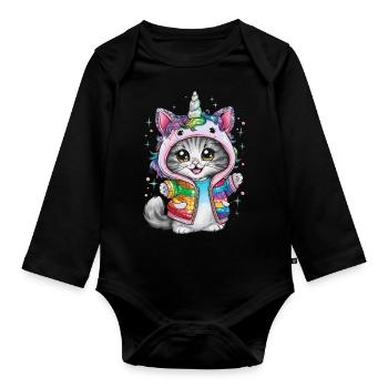 Chat licorne mignon aux couleurs brillantes - Body Bébé bio manches longues - noir - Devant