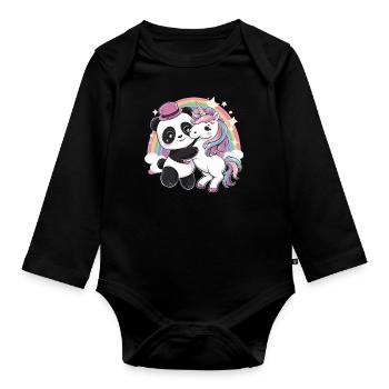 Süßer Kawaii Panda mit Einhorn - Baby Bio-Langarm-Body - Schwarz - Vorne