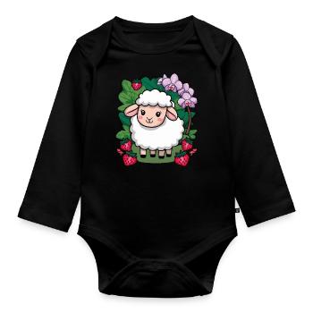 Cute Kawaii Sheep with Strawberries & Orchids - Organic Longsleeve Baby Bodysuit - black - Front